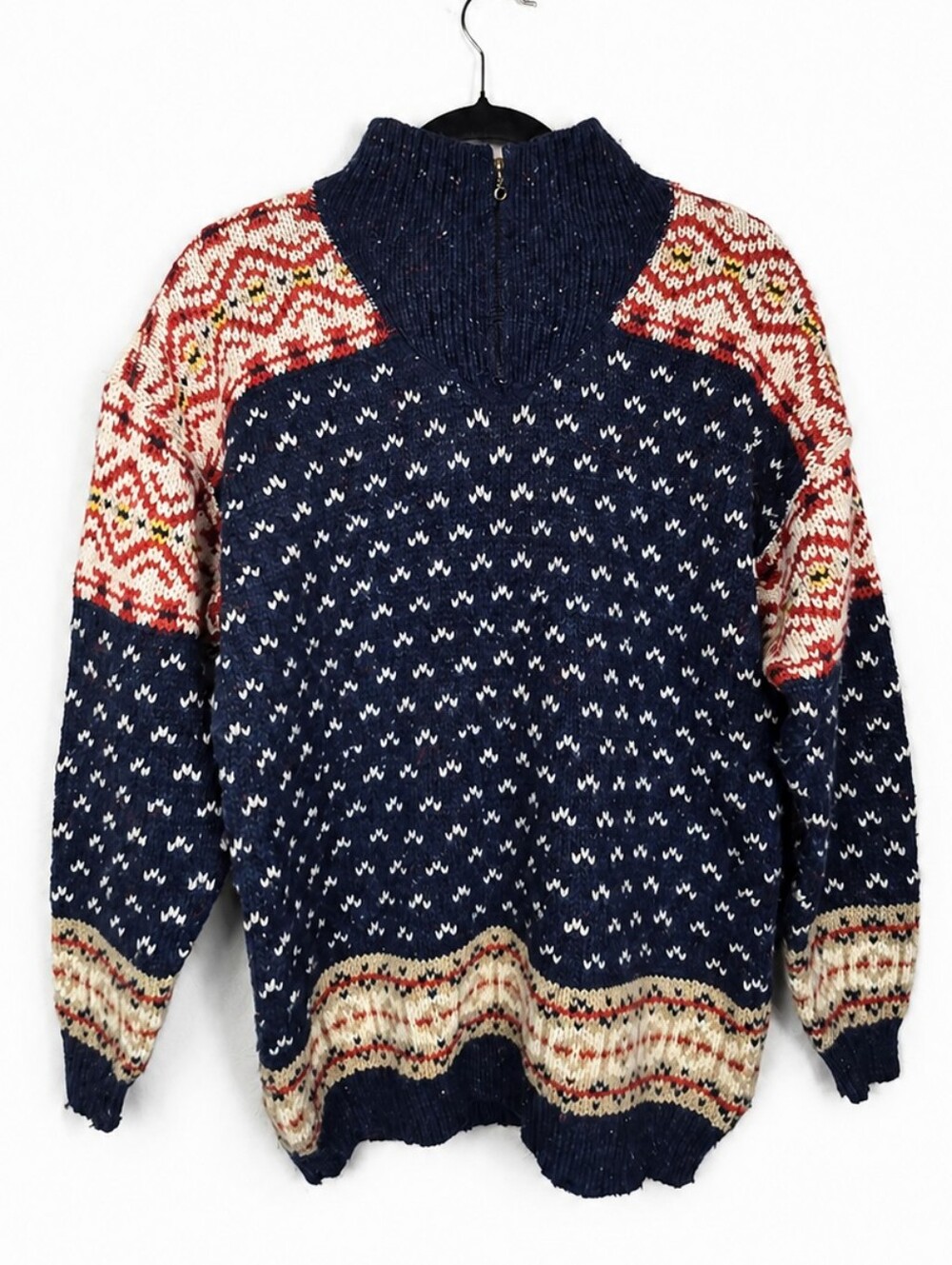 Vintage 80s 90s Lizwear Wool Fair Isle Nordic Quarter Zip Sweater M Grandpa